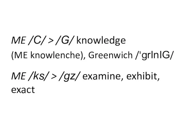ME /C/ > /G/ knowledge (ME knowlenche), Greenwich /'grInIG/ ME /ks/ > /gz/ examine, exhibit, exact