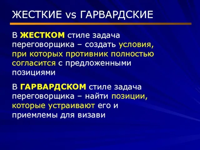 ЖЕСТКИЕ vs ГАРВАРДСКИЕ В ЖЕСТКОМ стиле задача переговорщика – создать условия, при