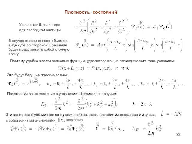 Плотность состояний Уравнение Шредингера для свободной частицы В случае ограниченного объема в