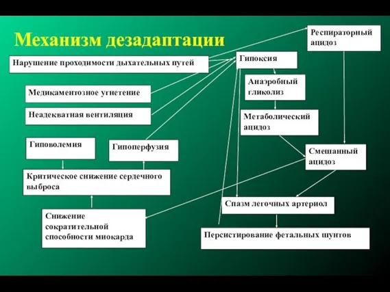 Механизм дезадаптации Гипоксия Респираторный ацидоз Анаэробный гликолиз Метаболический ацидоз Смешанный ацидоз Нарушение