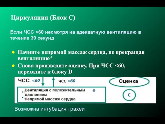 Циркуляция (Блок C) Начните непрямой массаж сердца, не прекращая вентиляцию* Снова произведите