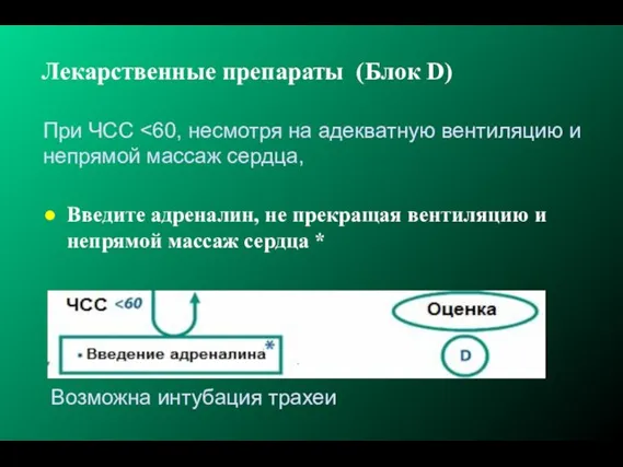 Лекарственные препараты (Блок D) Введите адреналин, не прекращая вентиляцию и непрямой массаж