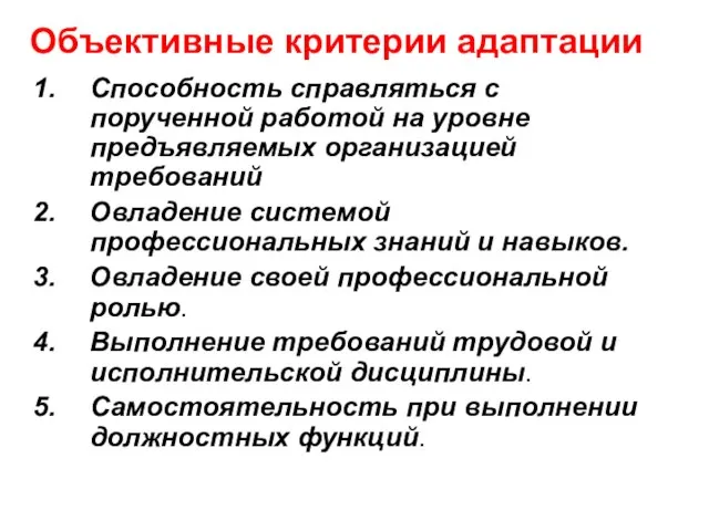 Объективные критерии адаптации Способность справляться с порученной работой на уровне предъявляемых организацией