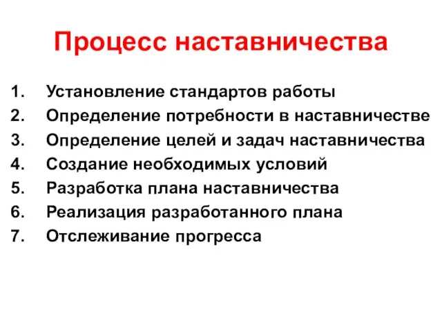 Процесс наставничества Установление стандартов работы Определение потребности в наставничестве Определение целей и