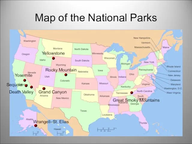 Map of the National Parks Yellowstone Death Valley Yosemite Sequoia Rocky Mountain