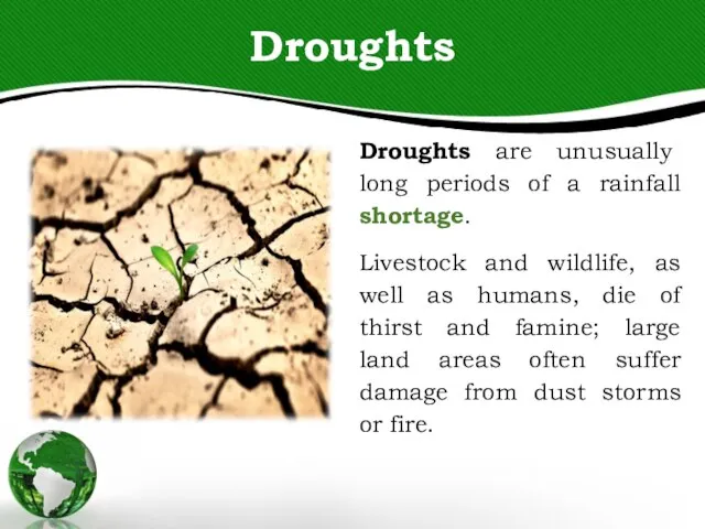 Droughts Droughts are unusually long periods of a rainfall shortage. Livestock and