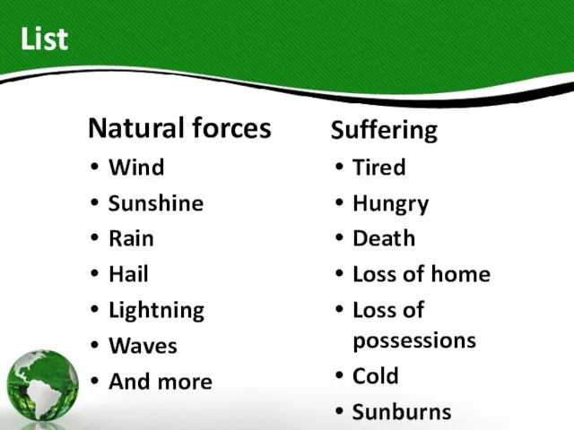 List Natural forces Wind Sunshine Rain Hail Lightning Waves And more Suffering