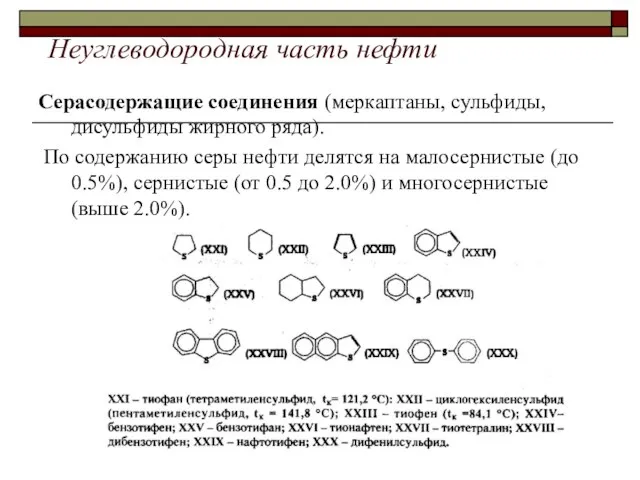 Неуглеводородная часть нефти Серасодержащие соединения (меркаптаны, сульфиды, дисульфиды жирного ряда). По содержанию