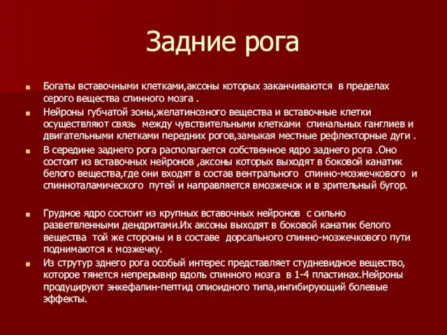 Задние рога Богаты вставочными клетками,аксоны которых заканчиваются в пределах серого вещества спинного