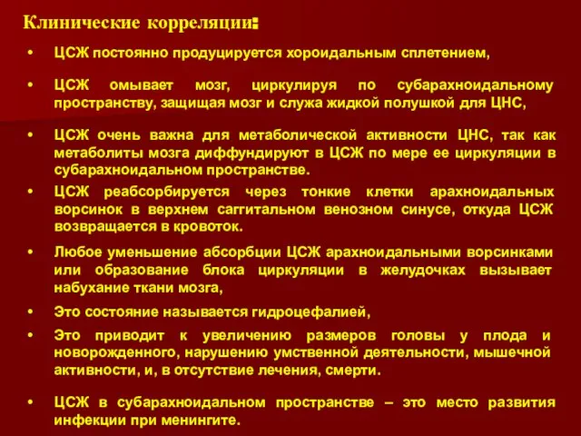 ЦСЖ в субарахноидальном пространстве – это место развития инфекции при менингите. Клинические