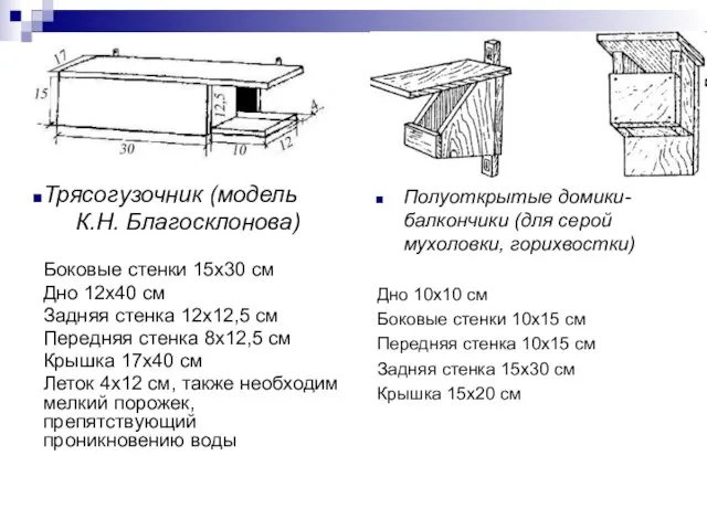 Трясогузочник (модель К.Н. Благосклонова) Боковые стенки 15х30 см Дно 12х40 см Задняя