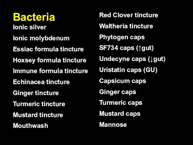 Bacteria Ionic silver Ionic molybdenum Essiac formula tincture Hoxsey formula tincture Immune