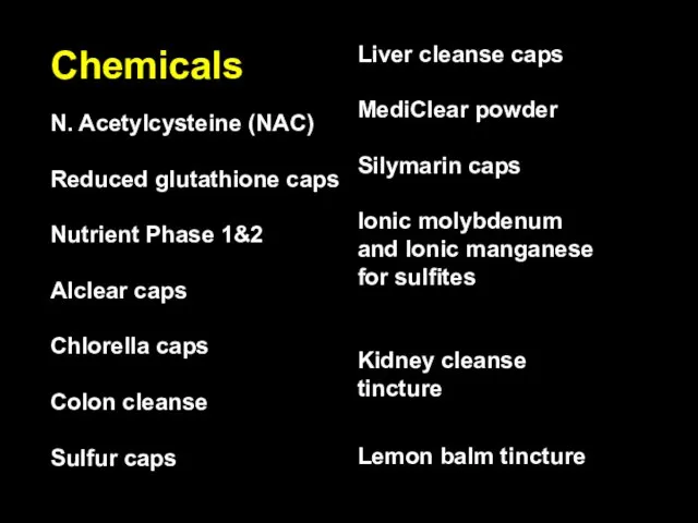 Chemicals N. Acetylcysteine (NAC) Reduced glutathione caps Nutrient Phase 1&2 Alclear caps