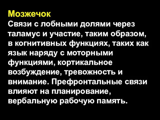 Мозжечок Связи с лобными долями через таламус и участие, таким образом, в