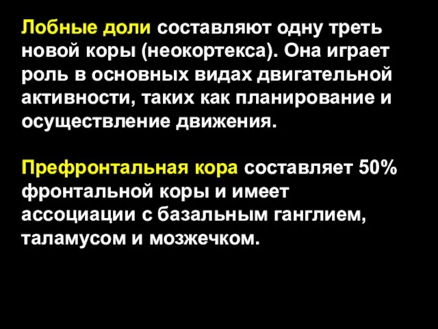 Лобные доли составляют одну треть новой коры (неокортекса). Она играет роль в