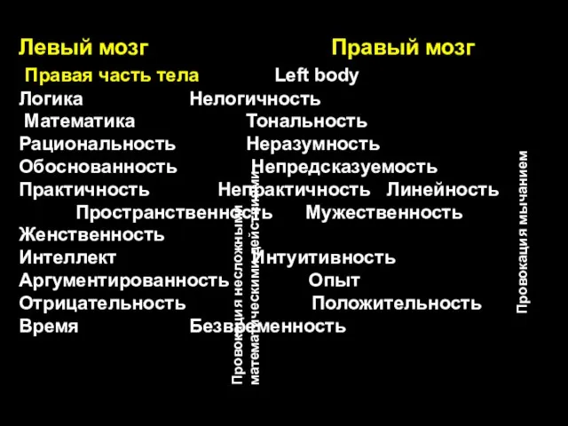 Левый мозг Правый мозг Правая часть тела Left body Логика Нелогичность Математика