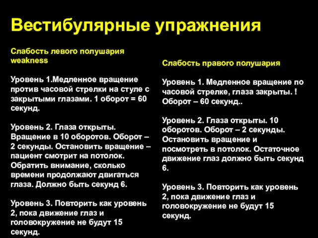 Вестибулярные упражнения Слабость левого полушария weakness Уровень 1.Медленное вращение против часовой стрелки