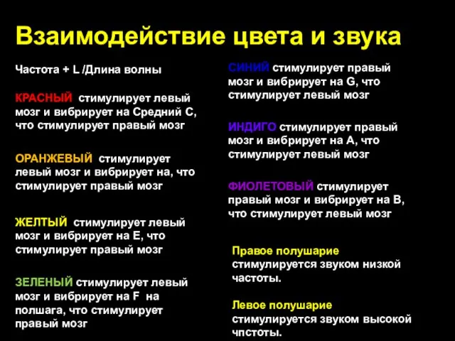 Взаимодействие цвета и звука КРАСНЫЙ стимулирует левый мозг и вибрирует на Средний