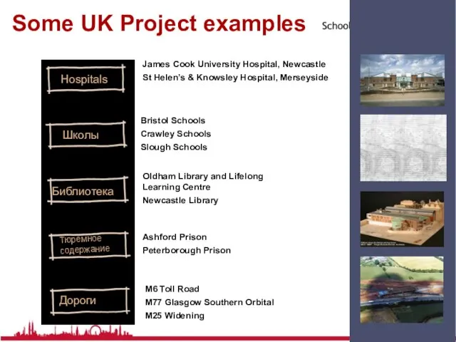 Some UK Project examples Hospitals Школы Библиотека Тюремное содержание Дороги James Cook