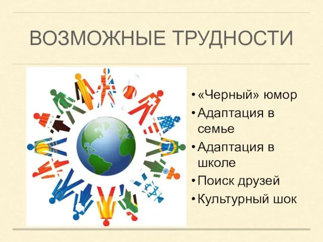 ВОЗМОЖНЫЕ ТРУДНОСТИ «Черный» юмор Адаптация в семье Адаптация в школе Поиск друзей Культурный шок