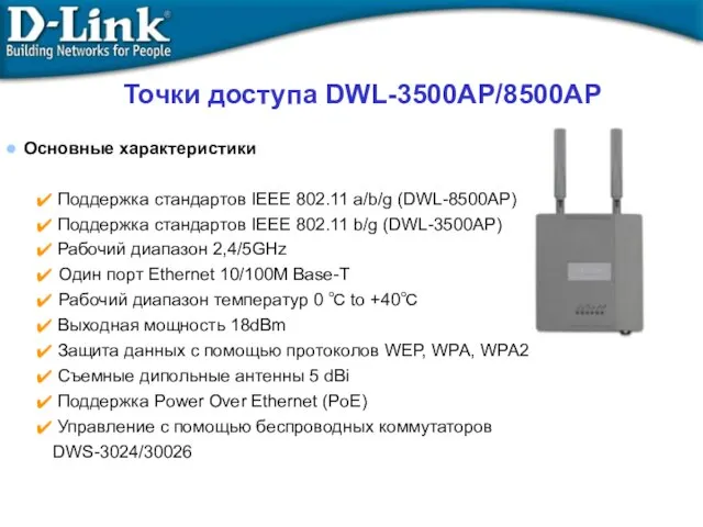 Точки доступа DWL-3500AP/8500AP Основные характеристики Поддержка стандартов IEEE 802.11 a/b/g (DWL-8500AP) Поддержка