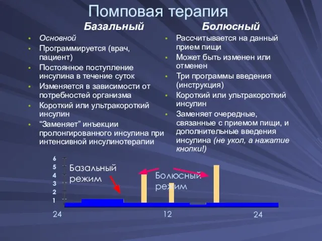 Помповая терапия Базальный Основной Программируется (врач, пациент) Постоянное поступление инсулина в течение