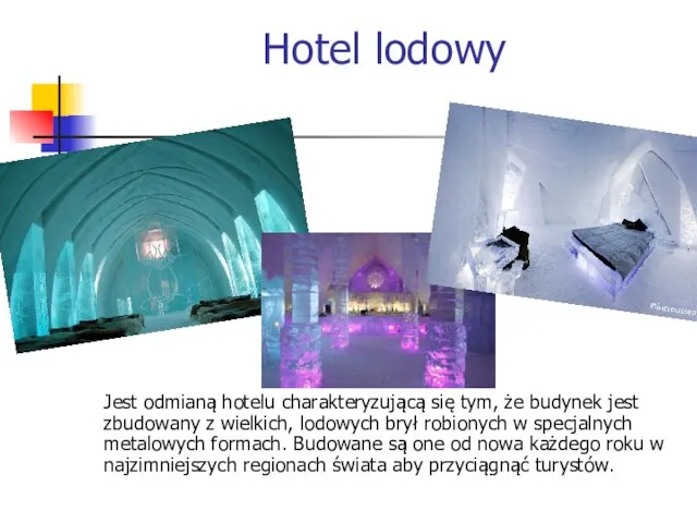 Hotel lodowy Jest odmianą hotelu charakteryzującą się tym, że budynek jest zbudowany