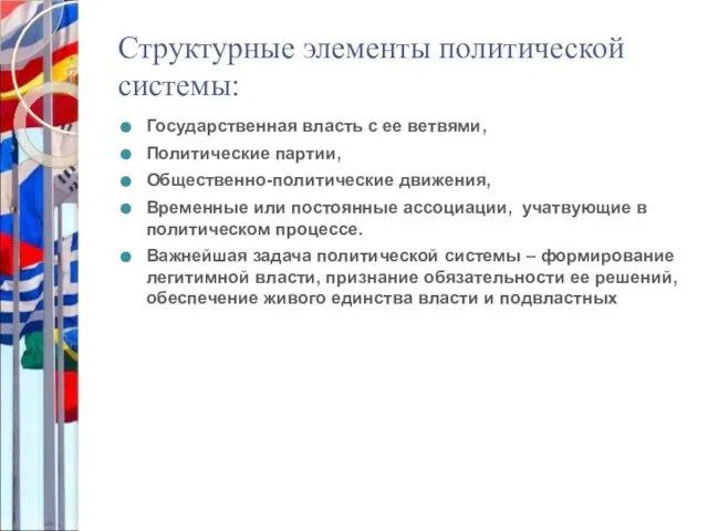 Структурные элементы политической системы: Государственная власть с ее ветвями, Политические партии, Общественно-политические