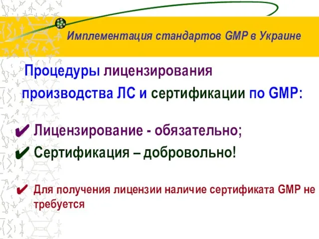 Процедуры лицензирования производства ЛС и сертификации по GMP: Лицензирование - обязательно; Сертификация