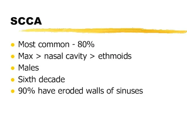 SCCA Most common - 80% Max > nasal cavity > ethmoids Males