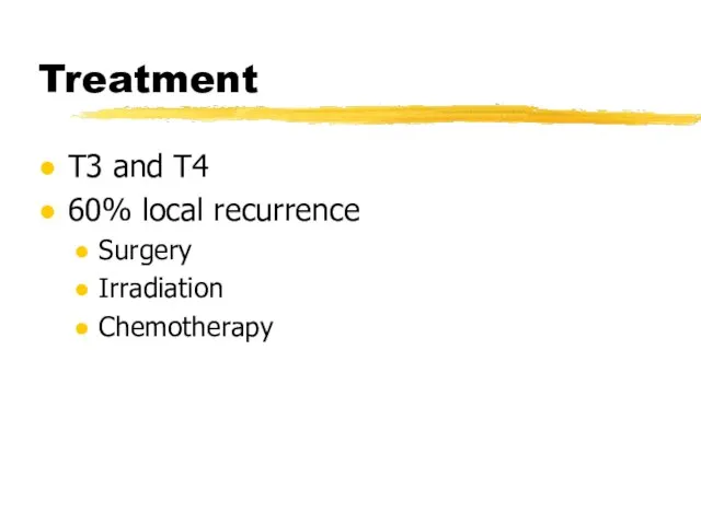 Treatment T3 and T4 60% local recurrence Surgery Irradiation Chemotherapy