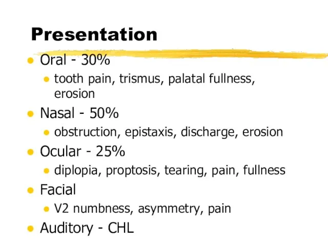 Presentation Oral - 30% tooth pain, trismus, palatal fullness, erosion Nasal -