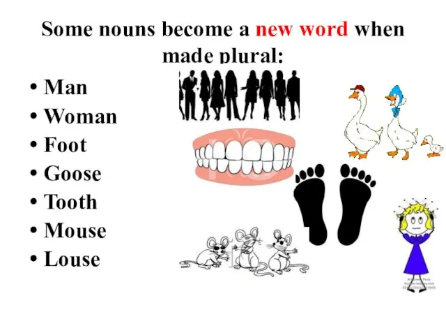 Some nouns become a new word when made plural: Man Woman Foot Goose Tooth Mouse Louse