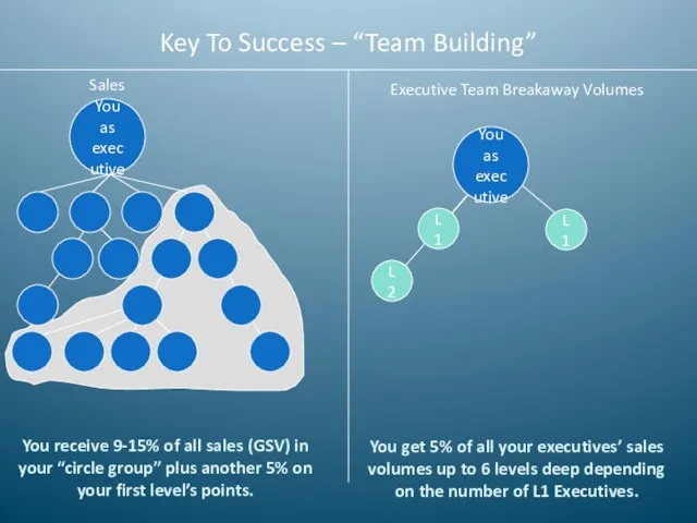 Key To Success – “Team Building” Sales You receive 9-15% of all