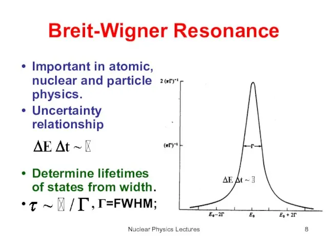 Nuclear Physics Lectures Breit-Wigner Resonance Important in atomic, nuclear and particle physics.