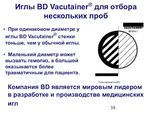 При одинаковом диаметре у иглы BD Vacutainer® стенки тоньше, чем у обычной