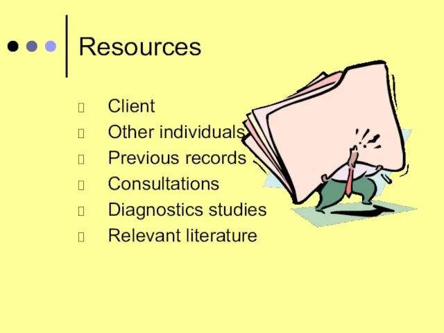 Resources Client Other individuals Previous records Consultations Diagnostics studies Relevant literature