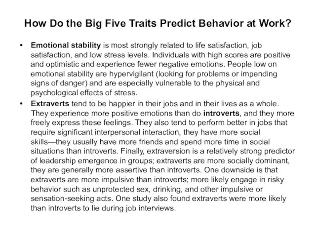 How Do the Big Five Traits Predict Behavior at Work? Emotional stability