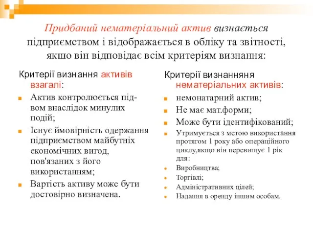 Придбаний нематеріальний актив визнається підприємством і відображається в обліку та звітності,якшо він