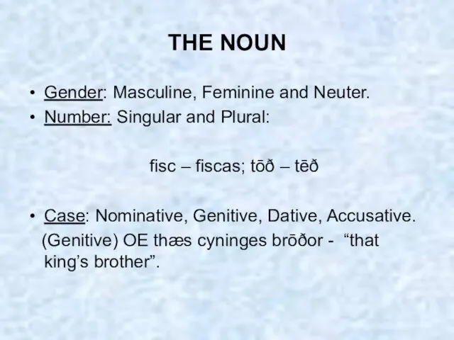 THE NOUN Gender: Masculine, Feminine and Neuter. Number: Singular and Plural: fisc