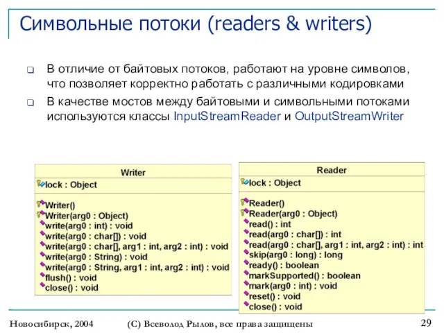 Новосибирск, 2004 (С) Всеволод Рылов, все права защищены Символьные потоки (readers &