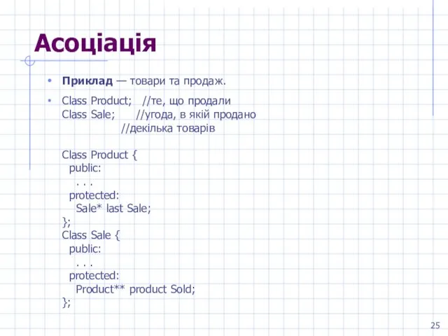 Асоціація Приклад — товари та продаж. Class Product; //те, що продали Class