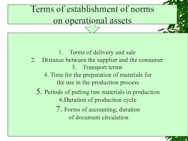 Terms of establishment of norms on operational assets Terms of delivery and
