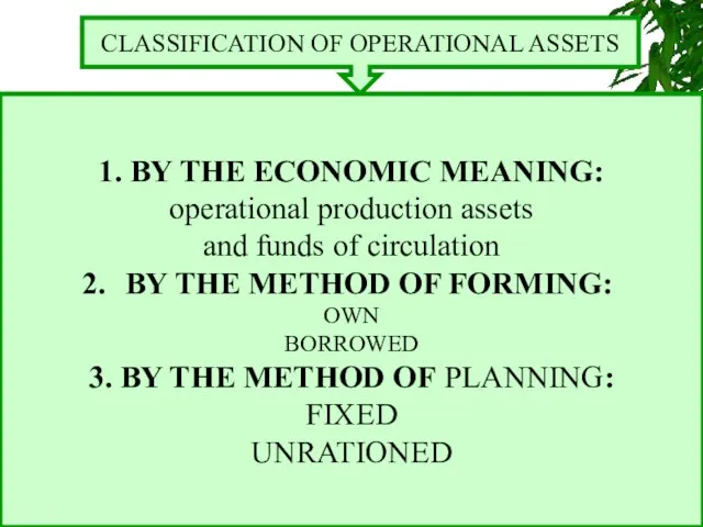 CLASSIFICATION OF OPERATIONAL ASSETS 1. BY THE ECONOMIC MEANING: operational production assets