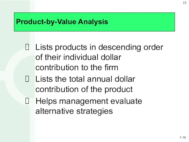 Product-by-Value Analysis Lists products in descending order of their individual dollar contribution