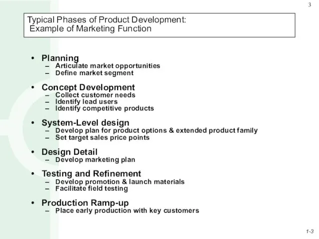 Typical Phases of Product Development: Example of Marketing Function Planning Articulate market