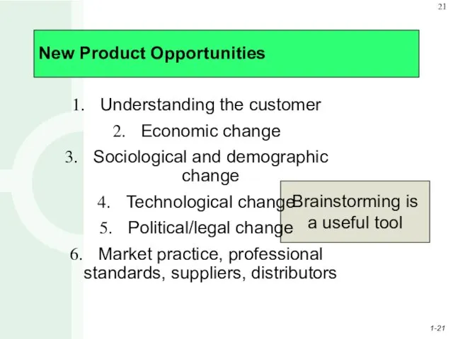 New Product Opportunities Brainstorming is a useful tool Understanding the customer Economic