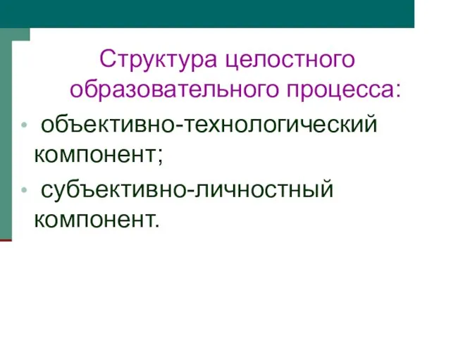 Структура целостного образовательного процесса: объективно-технологический компонент; субъективно-личностный компонент.