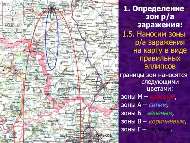 1. Определение зон р/а заражения: 1.5. Наносим зоны р/а заражения на карту