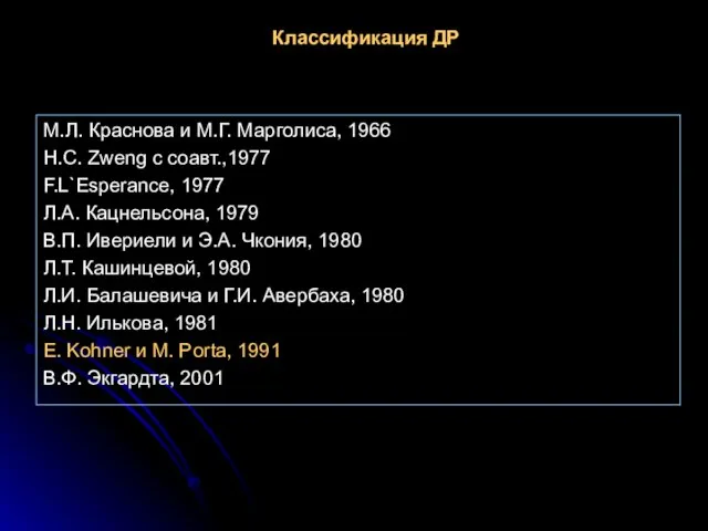 Классификация ДР М.Л. Краснова и М.Г. Марголиса, 1966 H.C. Zweng с соавт.,1977